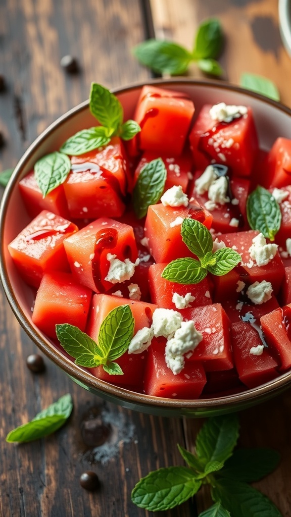 A colorful watermelon salad with feta and mint, drizzled with balsamic glaze, on a rustic table.